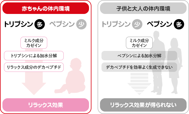 【赤ちゃんの体内環境】トリプシン：多 ペプシン：少 → リラックス効果｜【子供と大人の体内環境】トリプシン：少 ペプシン：多 → リラックス効果が得られない